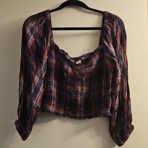 NWT American Eagle Women's Smocked Blouse Purple and Blue Plaid